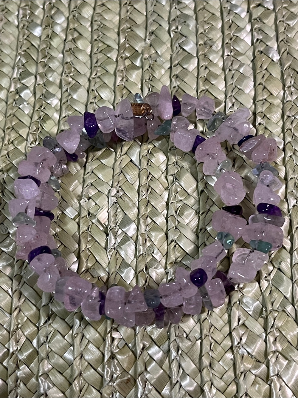 Hand Crafted Rose Quartz & Amethyst Triple-Strand Bracelet - Pink, Purple, Green